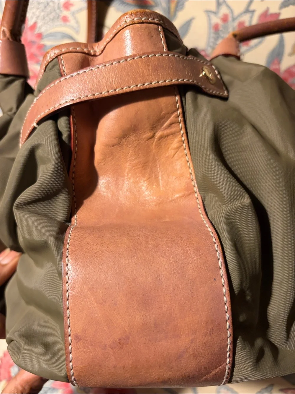 kate spade Olive Green Nylon Shoulder Bag with Tan Leather Trim